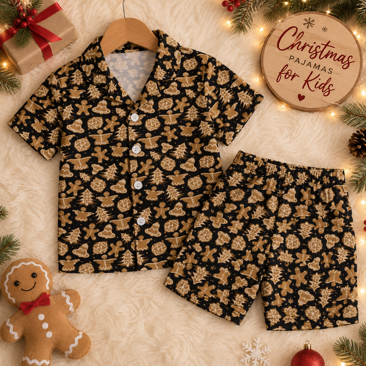 Kids Black Gingerbread Christmas PJ Set