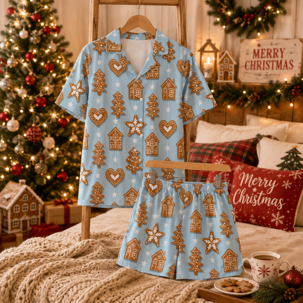 Gingerbread Christmas pajama Set – Blue Mens