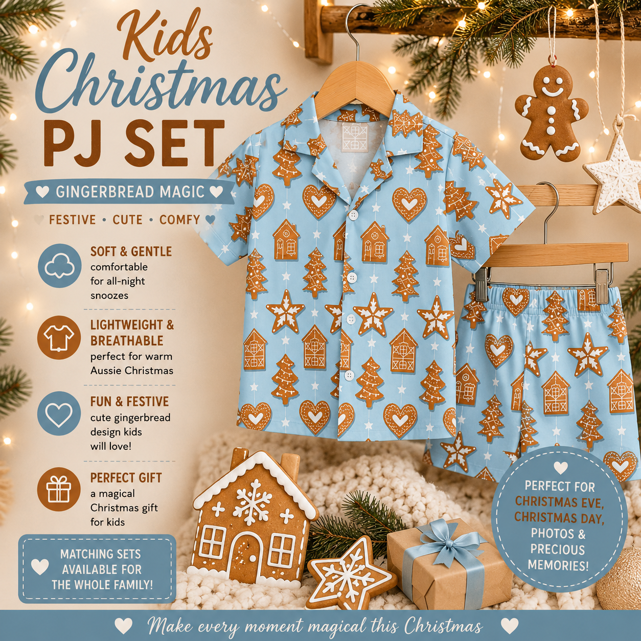 Blue Christmas Gingerbread Kids PJ Set