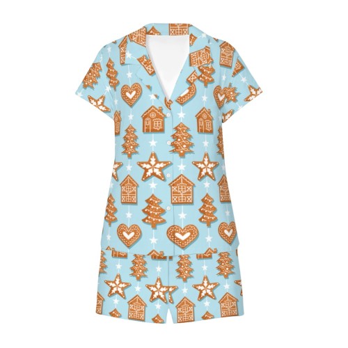 Ladies Blue Gingerbread Christmas Pajama Set
