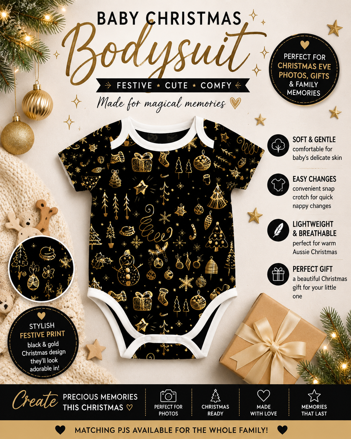 Baby Black & Gold Christmas Bodysuit