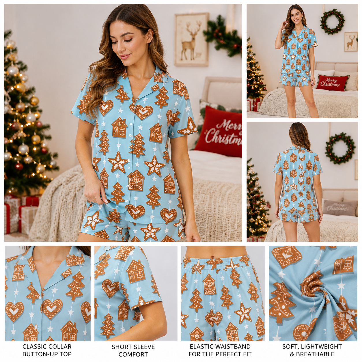 Ladies Blue Gingerbread Christmas Pajama Set