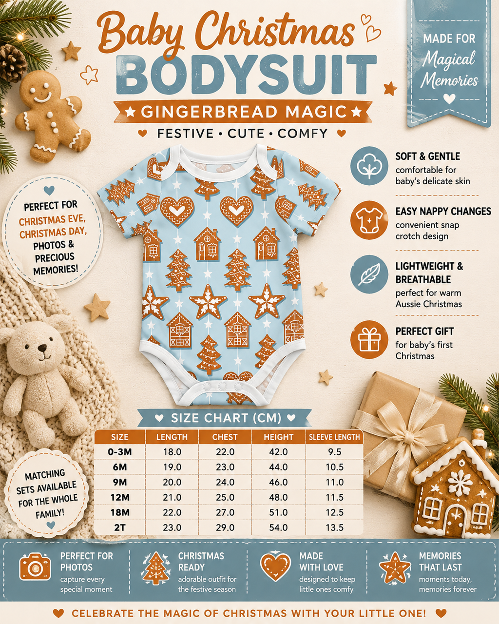 Baby Blue Gingerbread Christmas Bodysuit