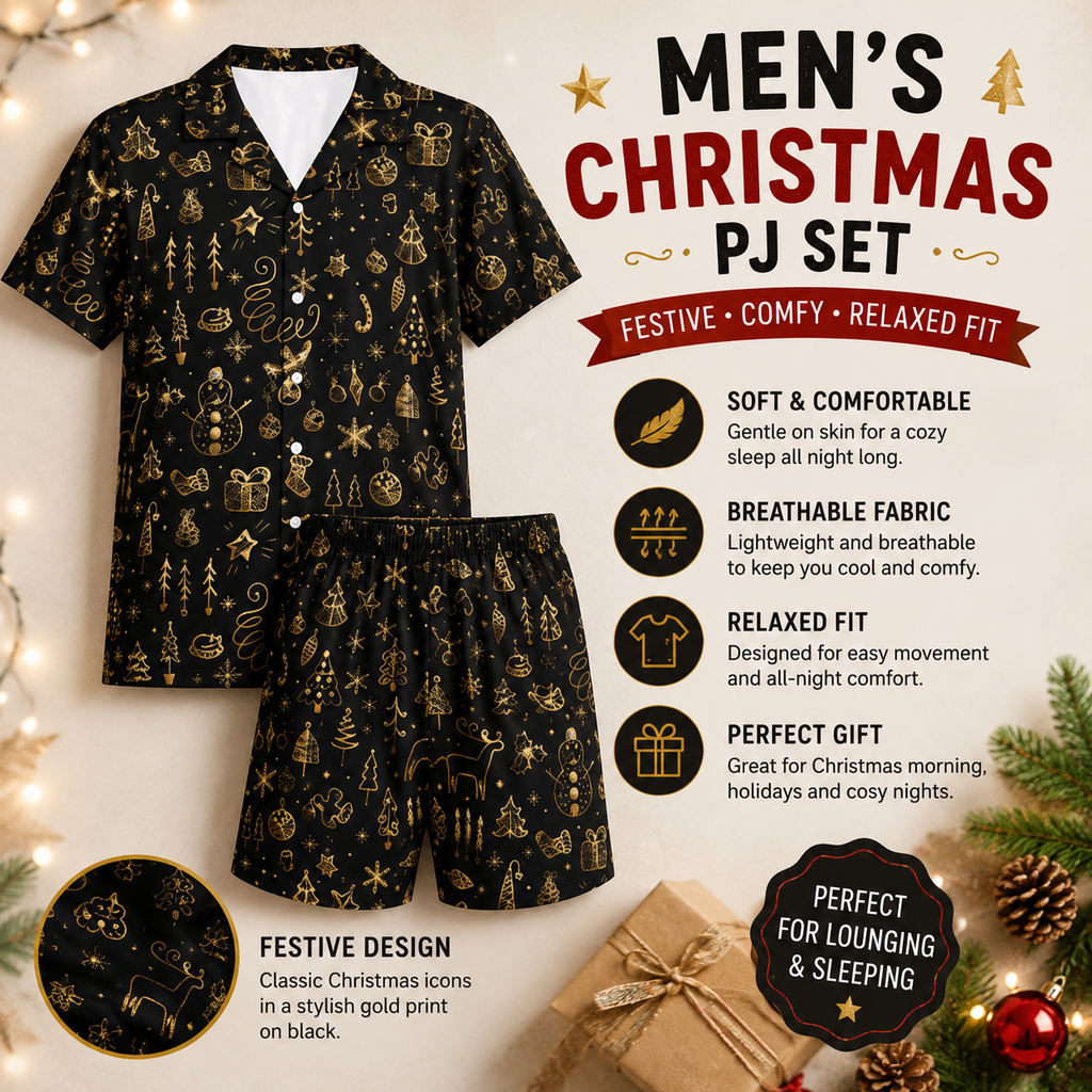 Men’s Black & Gold Christmas PJ Set