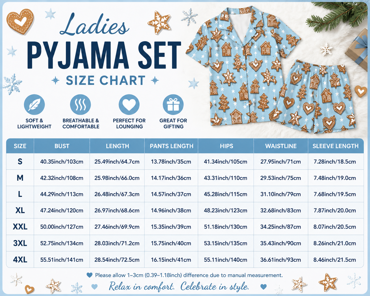 Ladies Blue Gingerbread Christmas Pajama Set